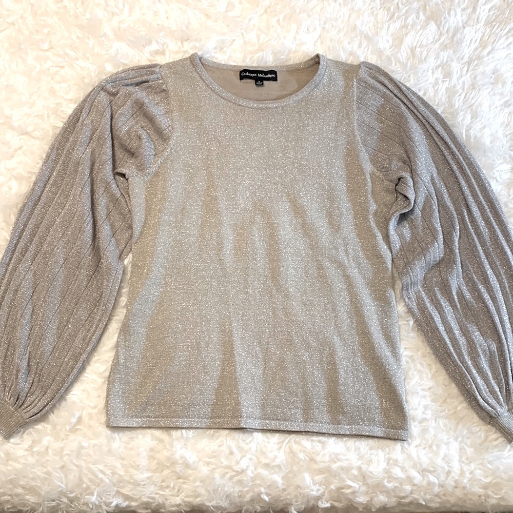 Catherine Malandrino Metallic Knit Top in Taupe/Silver